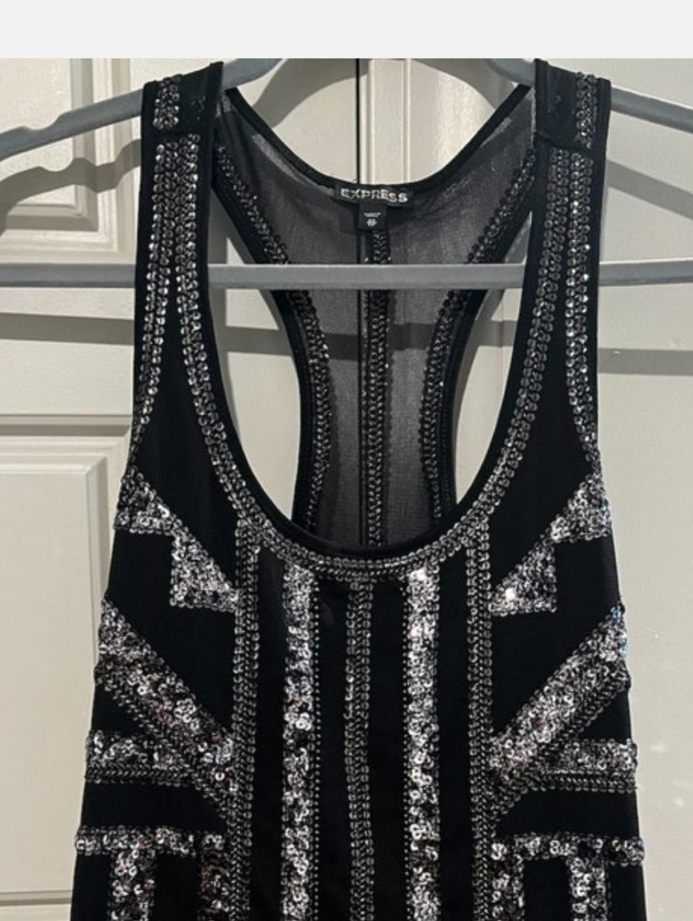 Express Black Tank Top with Silver Sequin Geometric Accents